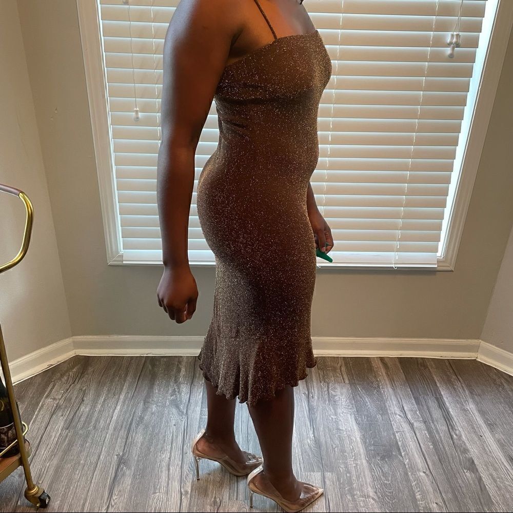 PIA Vintage Brown metallic gold bronze hi-lo dress - Picture 5 of 16